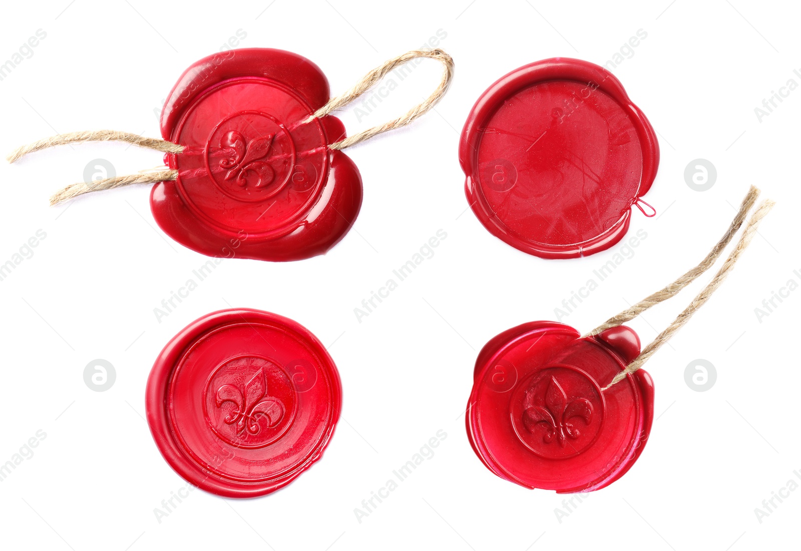 Image of Red wax seals isolated on white, set. Top view