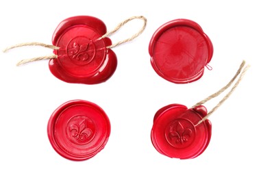 Image of Red wax seals isolated on white, set. Top view