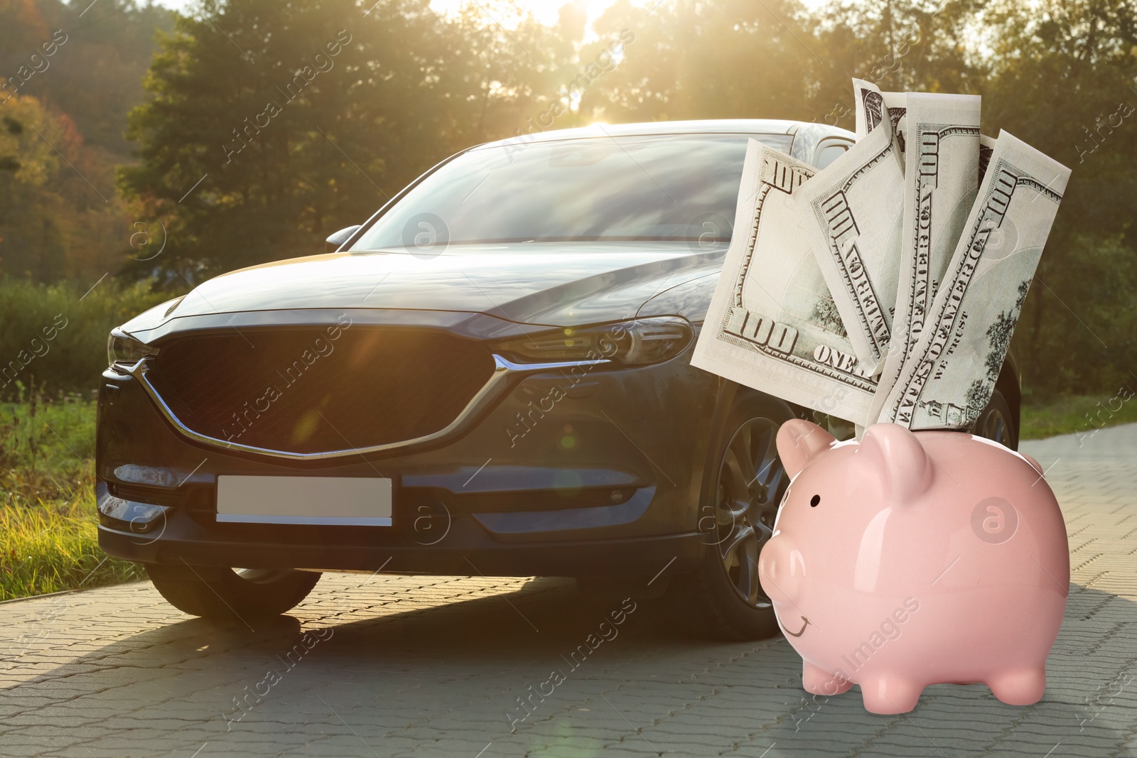 Image of Save money for car. Pink piggy bank with dollars near automobile outdoors