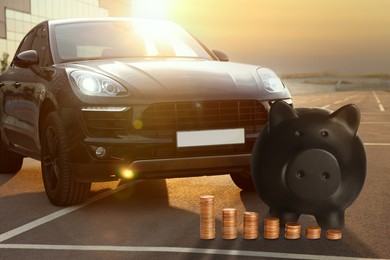 Image of Save money for car. Black piggy bank and coins near automobile outdoors