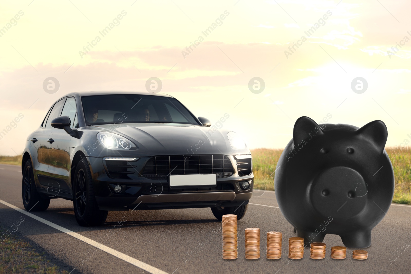 Image of Save money for car. Black piggy bank and coins near automobile outdoors