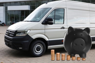 Image of Save money for car. Black piggy bank and coins near automobile outdoors