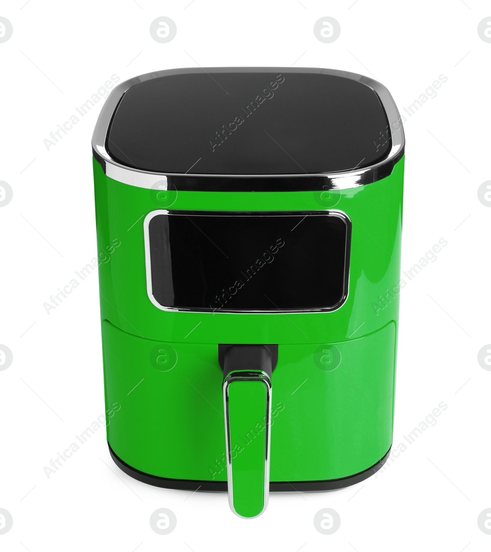 Image of Green air fryer isolated on white. Modern kitchen appliance