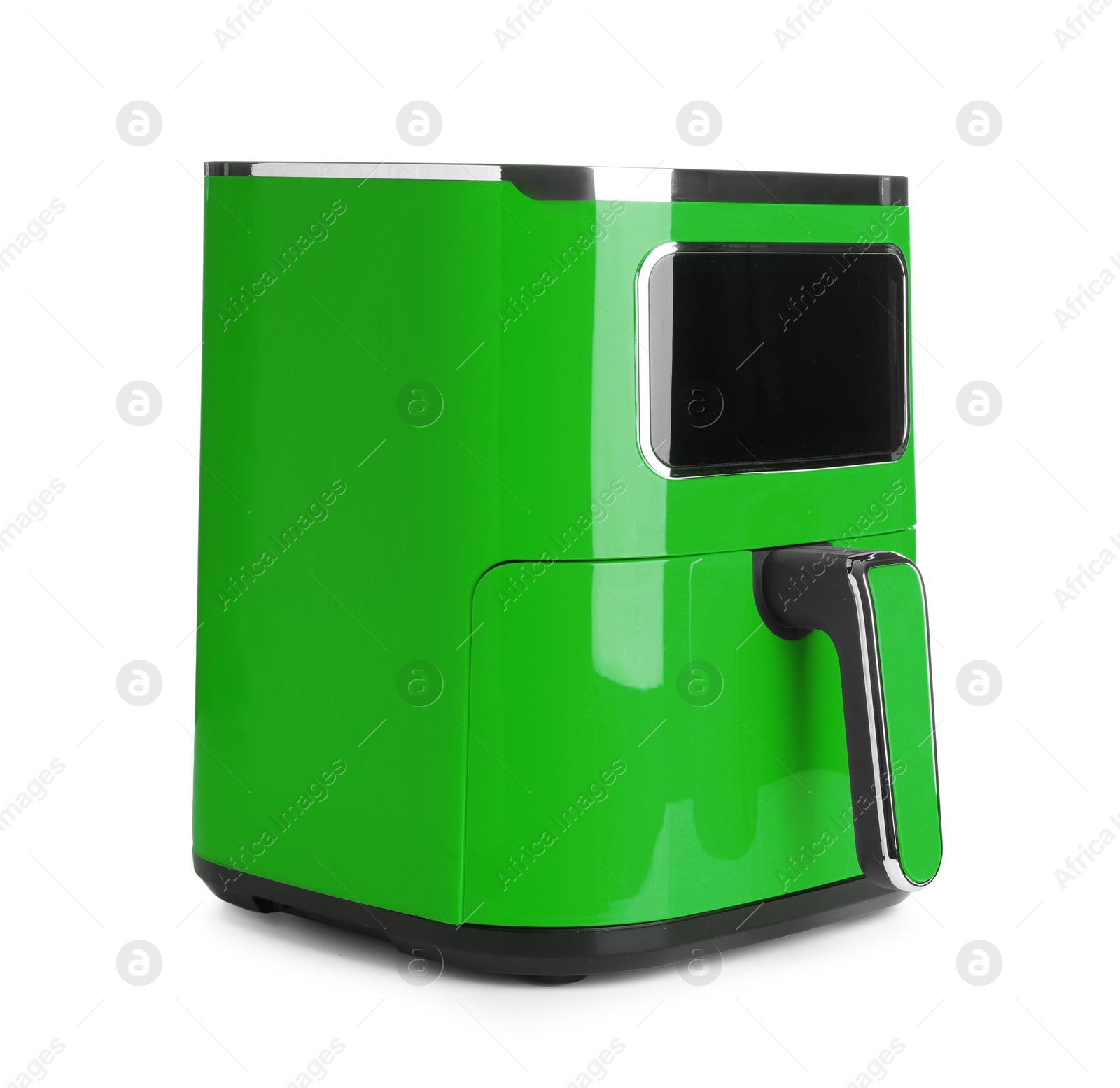 Image of Green air fryer isolated on white. Modern kitchen appliance