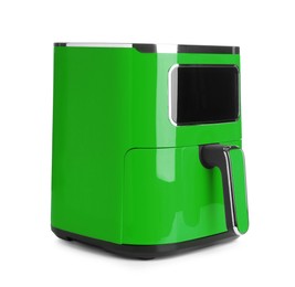 Image of Green air fryer isolated on white. Modern kitchen appliance