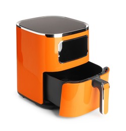 Image of Orange air fryer isolated on white. Modern kitchen appliance