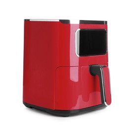 Image of Red air fryer isolated on white. Modern kitchen appliance