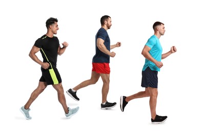 Image of Three sporty men running on white background, side view