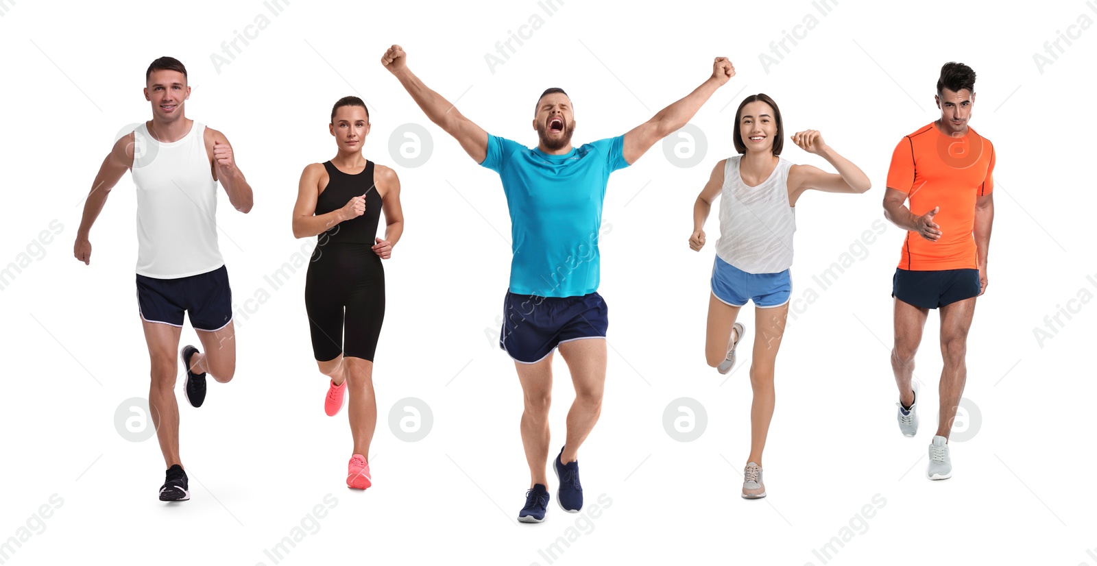 Image of Sporty men and women running on white background