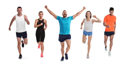 Image of Sporty men and women running on white background