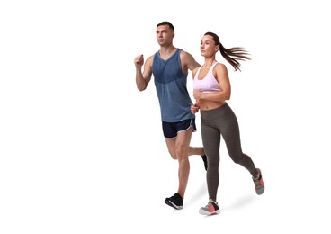 Image of Sporty man and woman running on white background
