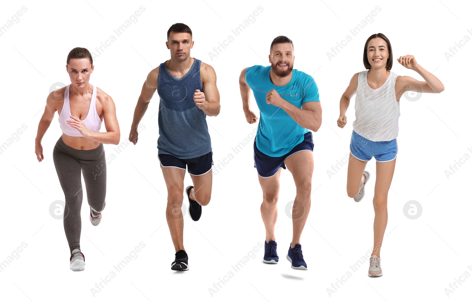 Image of Sporty men and women running on white background
