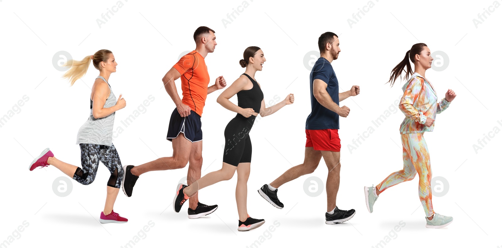 Image of Sporty men and women running on white background, side view