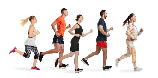 Image of Sporty men and women running on white background, side view