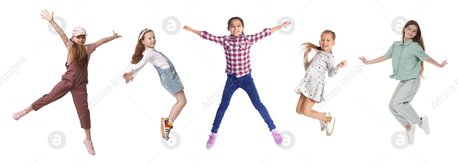 Image of Children jumping against white background. Group of little girls