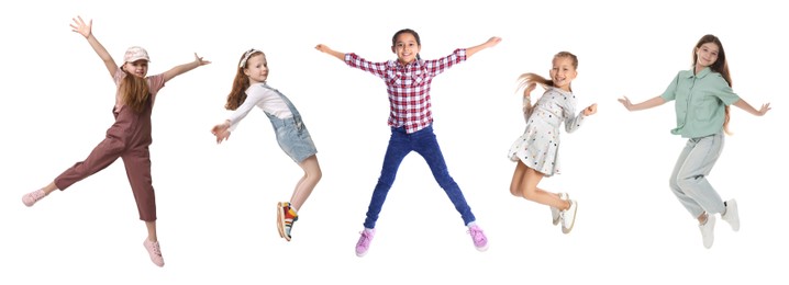 Image of Children jumping against white background. Group of little girls