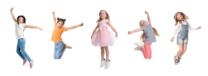 Image of Children jumping against white background. Group of little girls