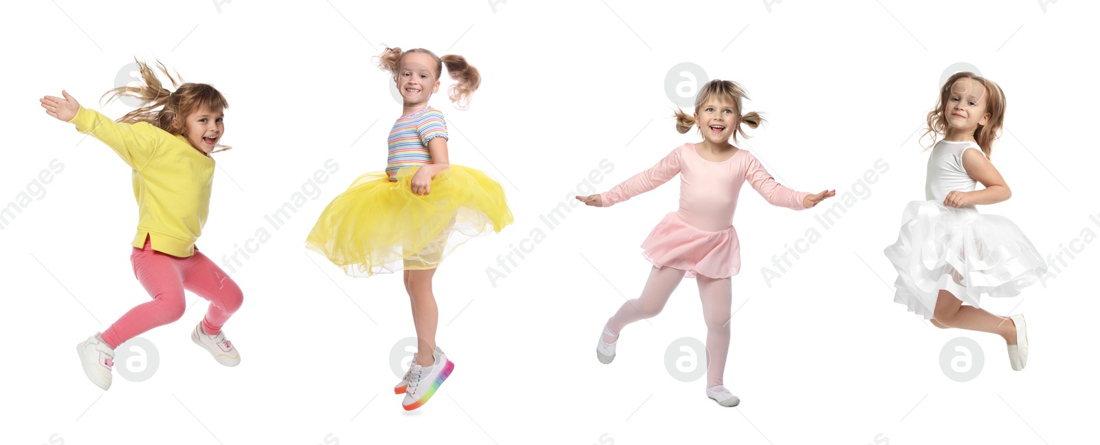Image of Children jumping against white background. Group of little girls