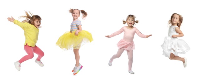 Image of Children jumping against white background. Group of little girls