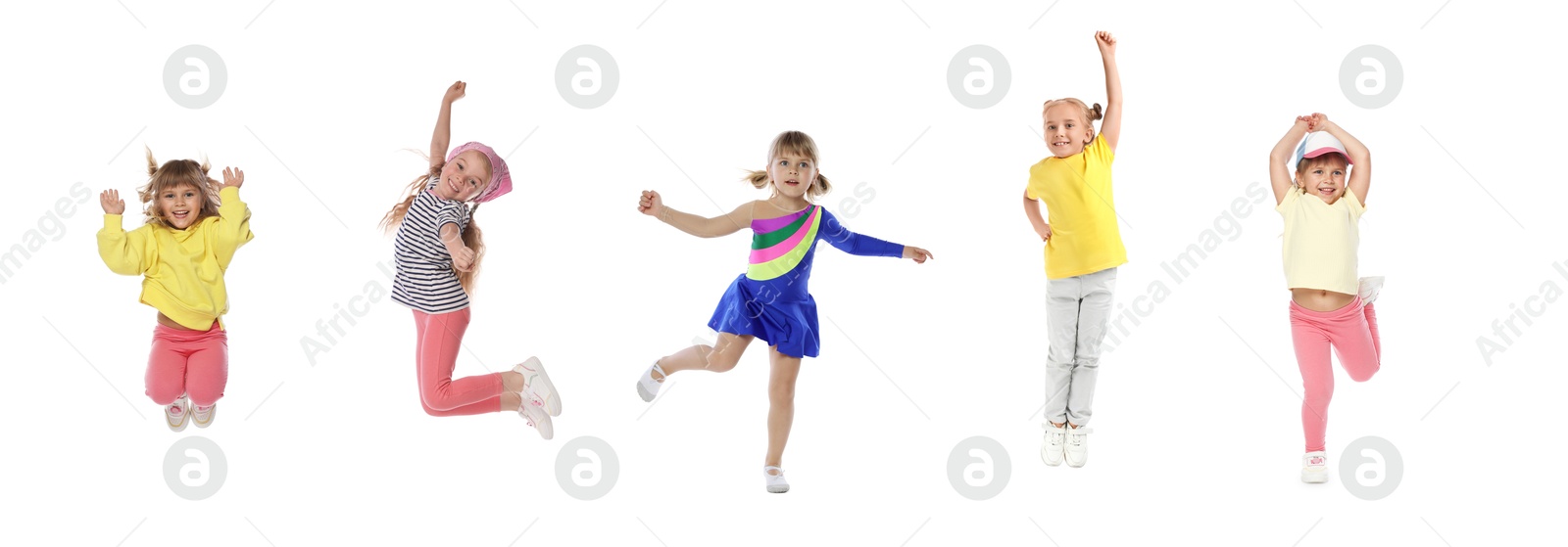 Image of Children jumping against white background. Group of little girls