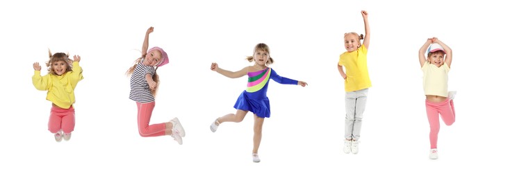 Image of Children jumping against white background. Group of little girls