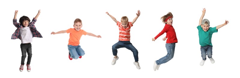 Image of Children jumping against white background. Group of little boys