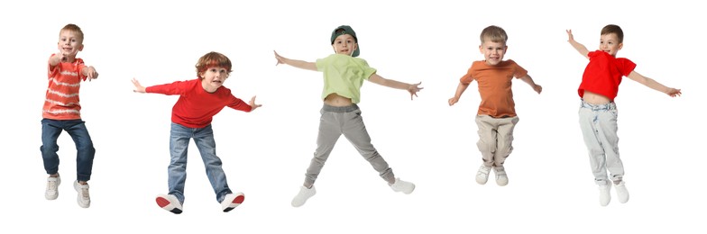 Image of Children jumping against white background. Group of little boys