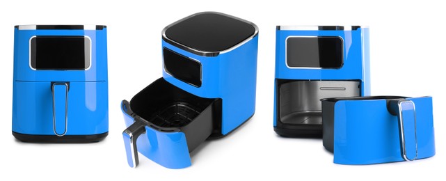 Image of Blue air fryer isolated on white, collage. Modern kitchen appliance