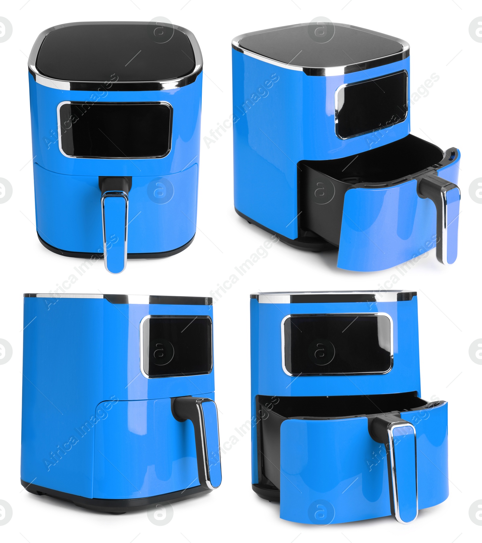 Image of Blue air fryer isolated on white, collage. Modern kitchen appliance