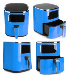 Image of Blue air fryer isolated on white, collage. Modern kitchen appliance