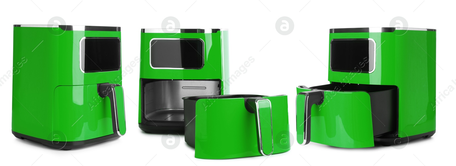 Image of Green air fryer isolated on white, collage. Modern kitchen appliance