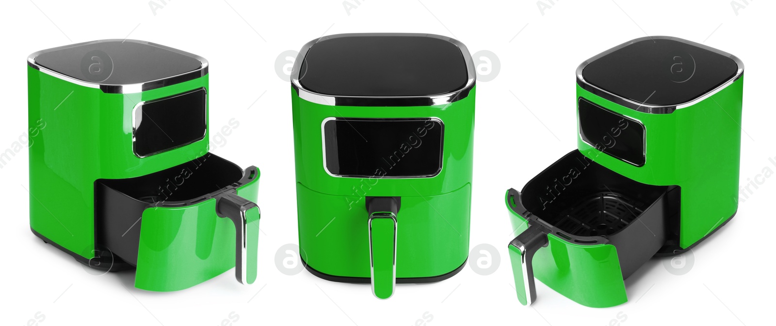 Image of Green air fryer isolated on white, collage. Modern kitchen appliance