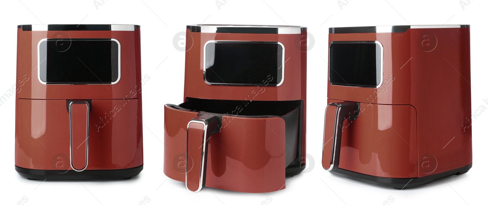 Image of Brown air fryer isolated on white, collage. Modern kitchen appliance