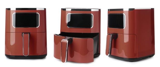 Image of Brown air fryer isolated on white, collage. Modern kitchen appliance