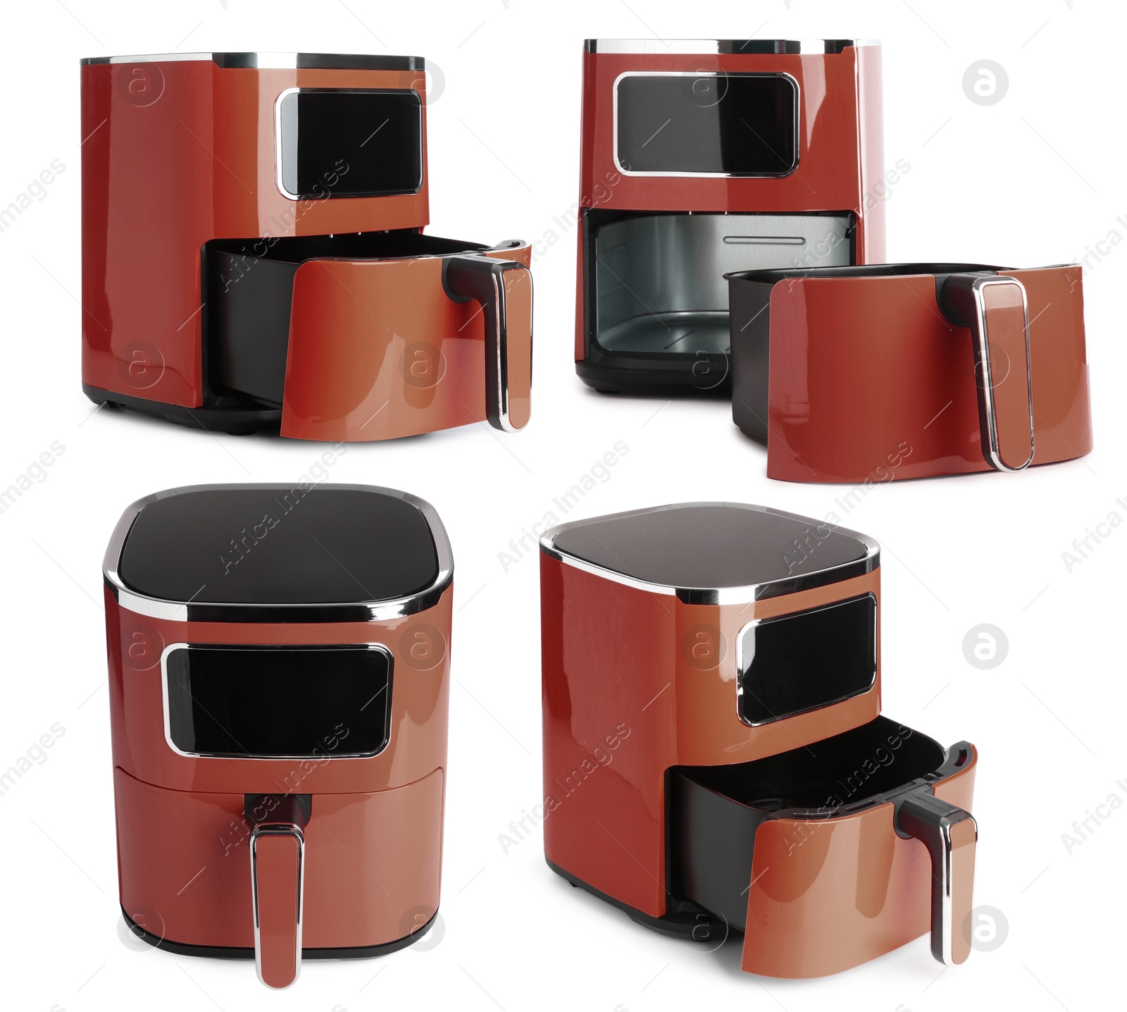 Image of Brown air fryer isolated on white, collage. Modern kitchen appliance