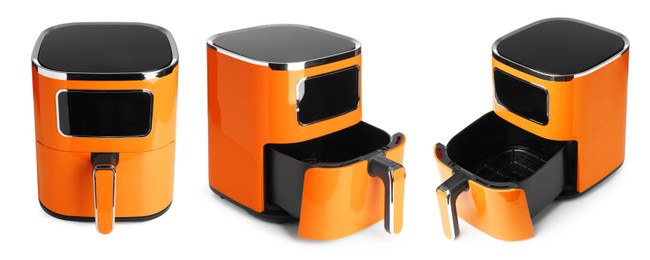 Image of Orange air fryer isolated on white, collage. Modern kitchen appliance