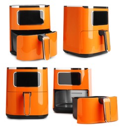 Image of Orange air fryer isolated on white, collage. Modern kitchen appliance