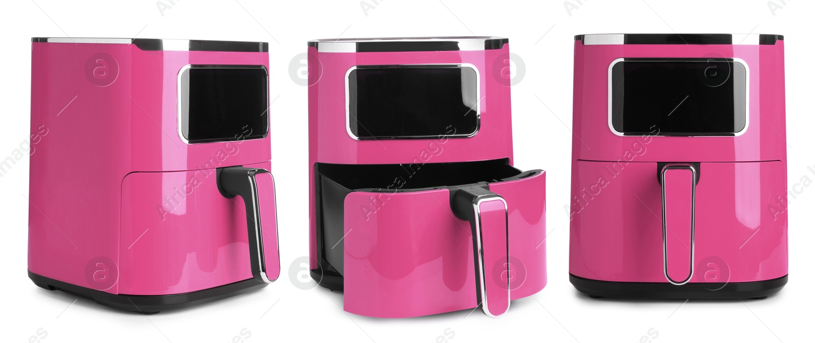 Image of Pink air fryer isolated on white, collage. Modern kitchen appliance