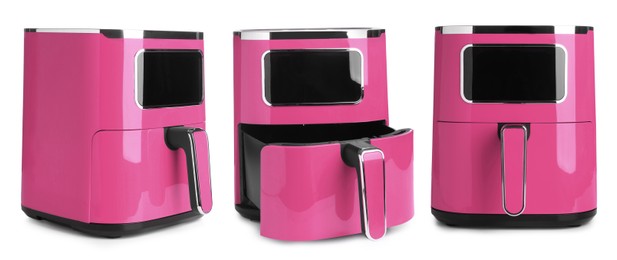 Image of Pink air fryer isolated on white, collage. Modern kitchen appliance