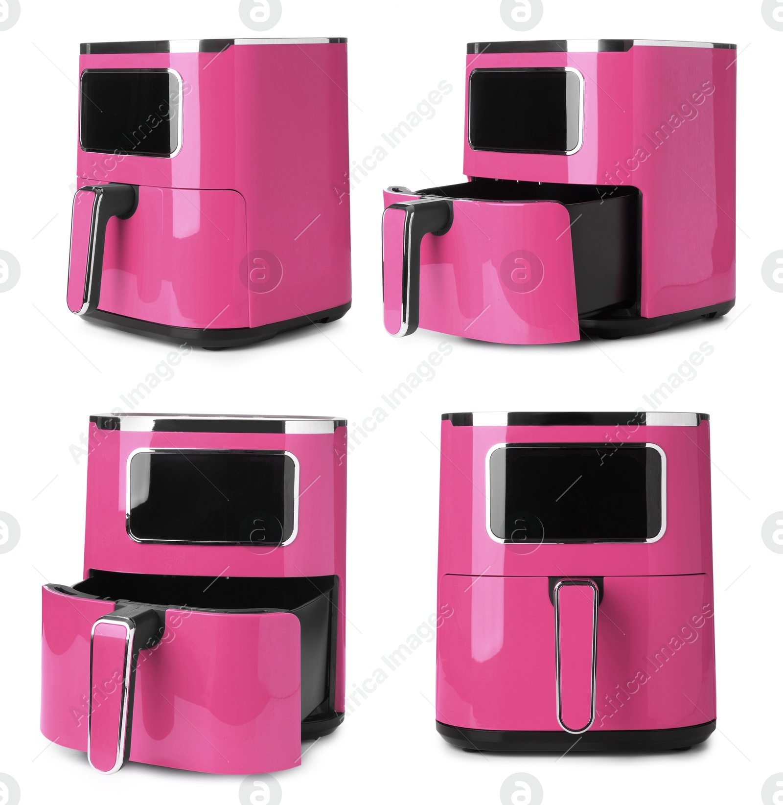 Image of Pink air fryer isolated on white, collage. Modern kitchen appliance