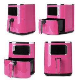 Image of Pink air fryer isolated on white, collage. Modern kitchen appliance