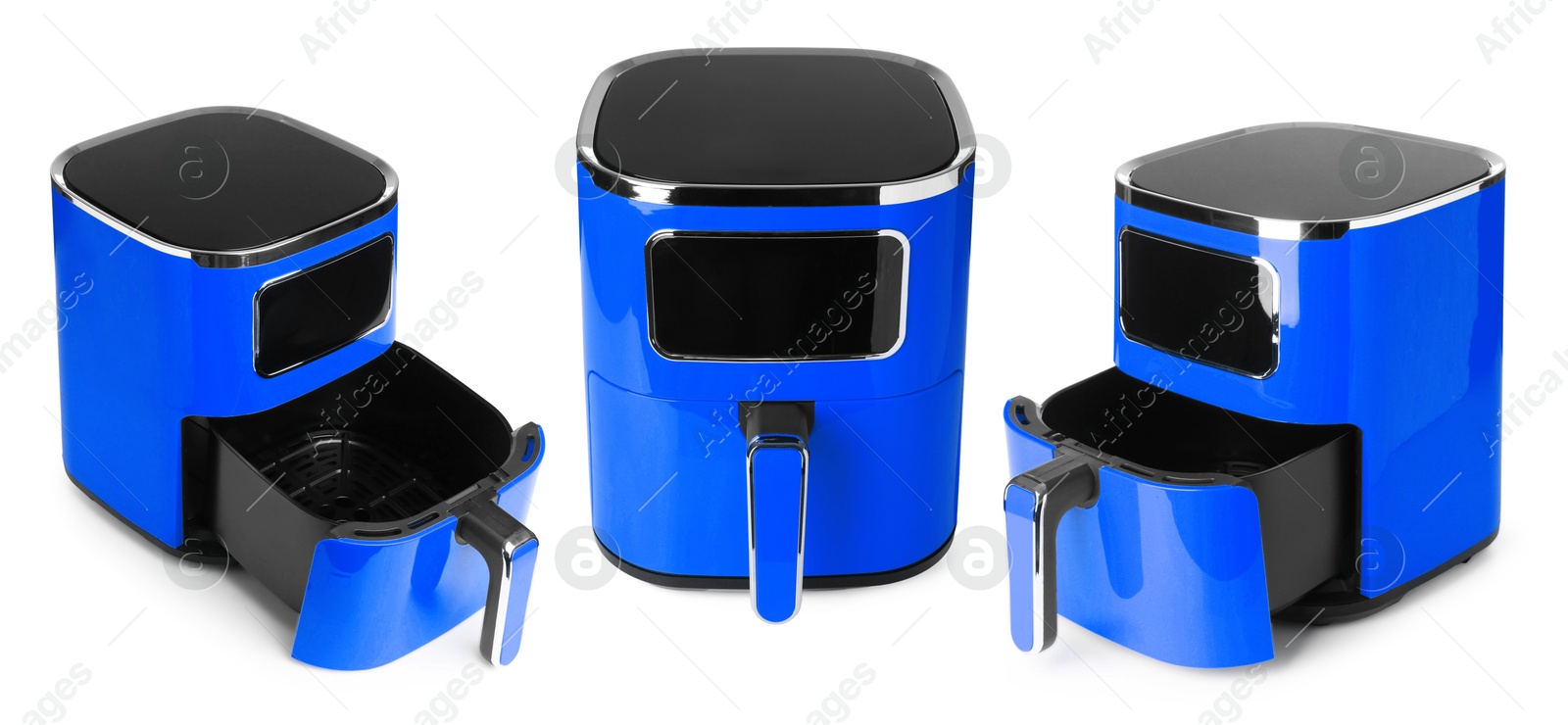 Image of Blue air fryer isolated on white, collage. Modern kitchen appliance