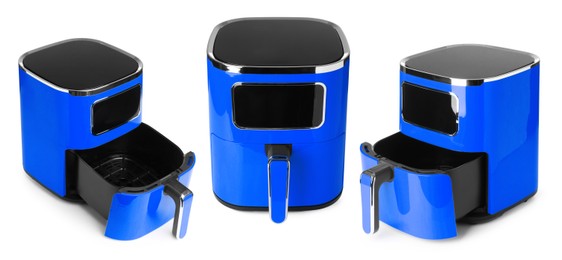 Image of Blue air fryer isolated on white, collage. Modern kitchen appliance