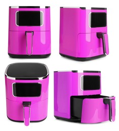 Image of Bright pink air fryer isolated on white, collage. Modern kitchen appliance