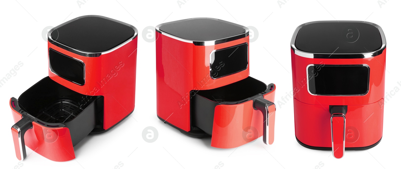 Image of Red air fryer isolated on white, collage. Modern kitchen appliance