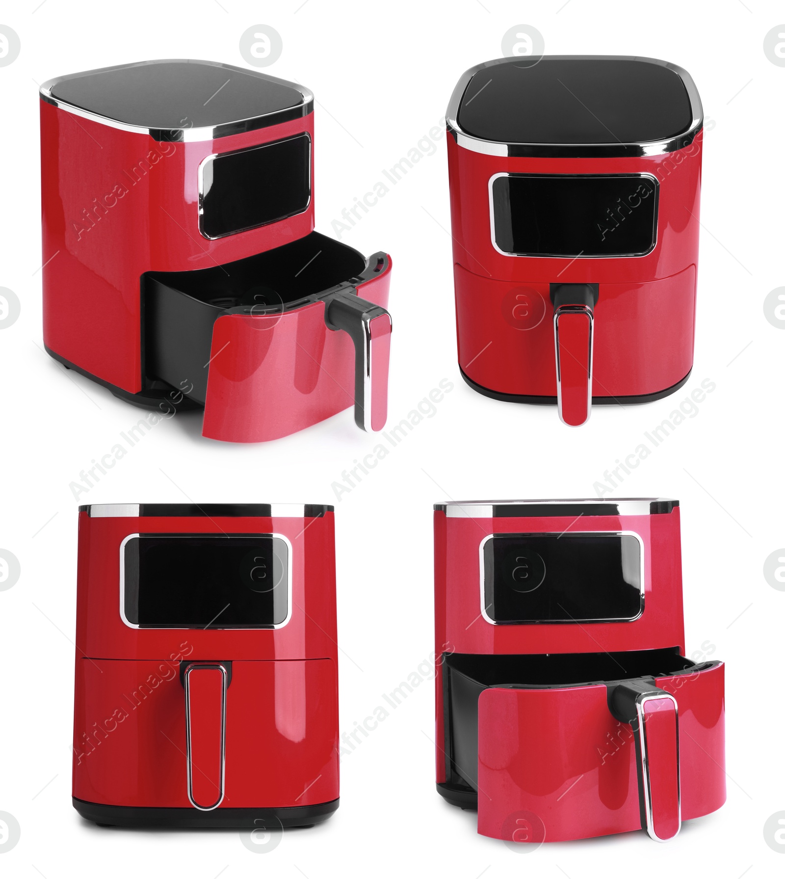 Image of Red air fryer isolated on white, collage. Modern kitchen appliance