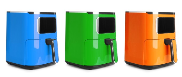 Image of Air fryers in different colors isolated on white, set. Modern kitchen appliance