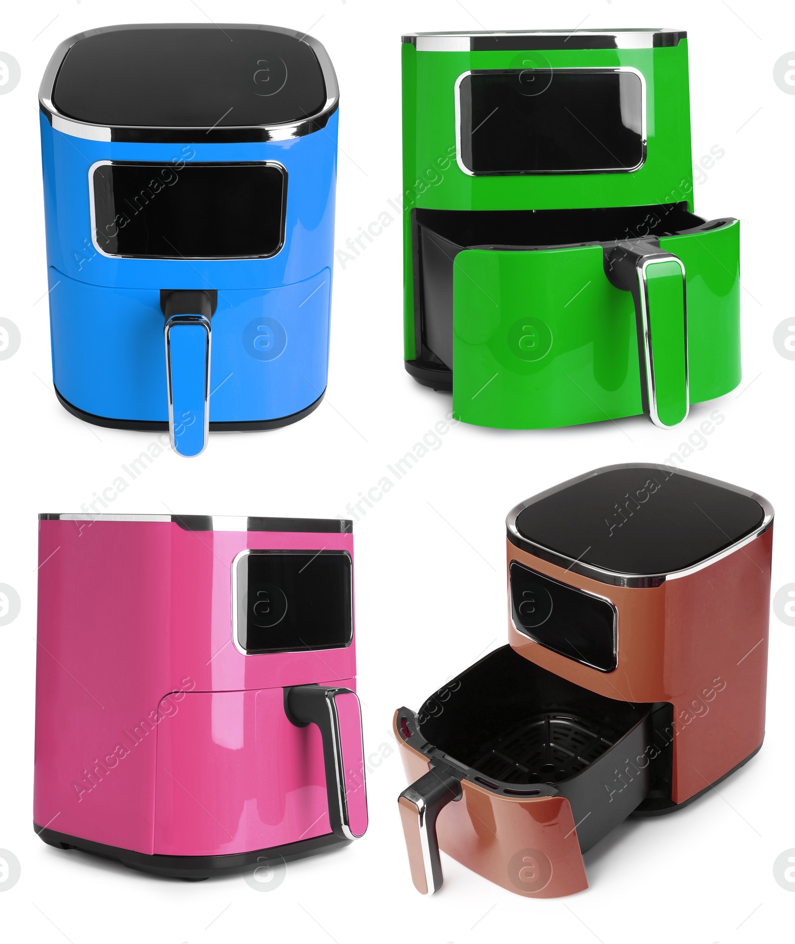 Image of Air fryers in different colors isolated on white, set. Modern kitchen appliance