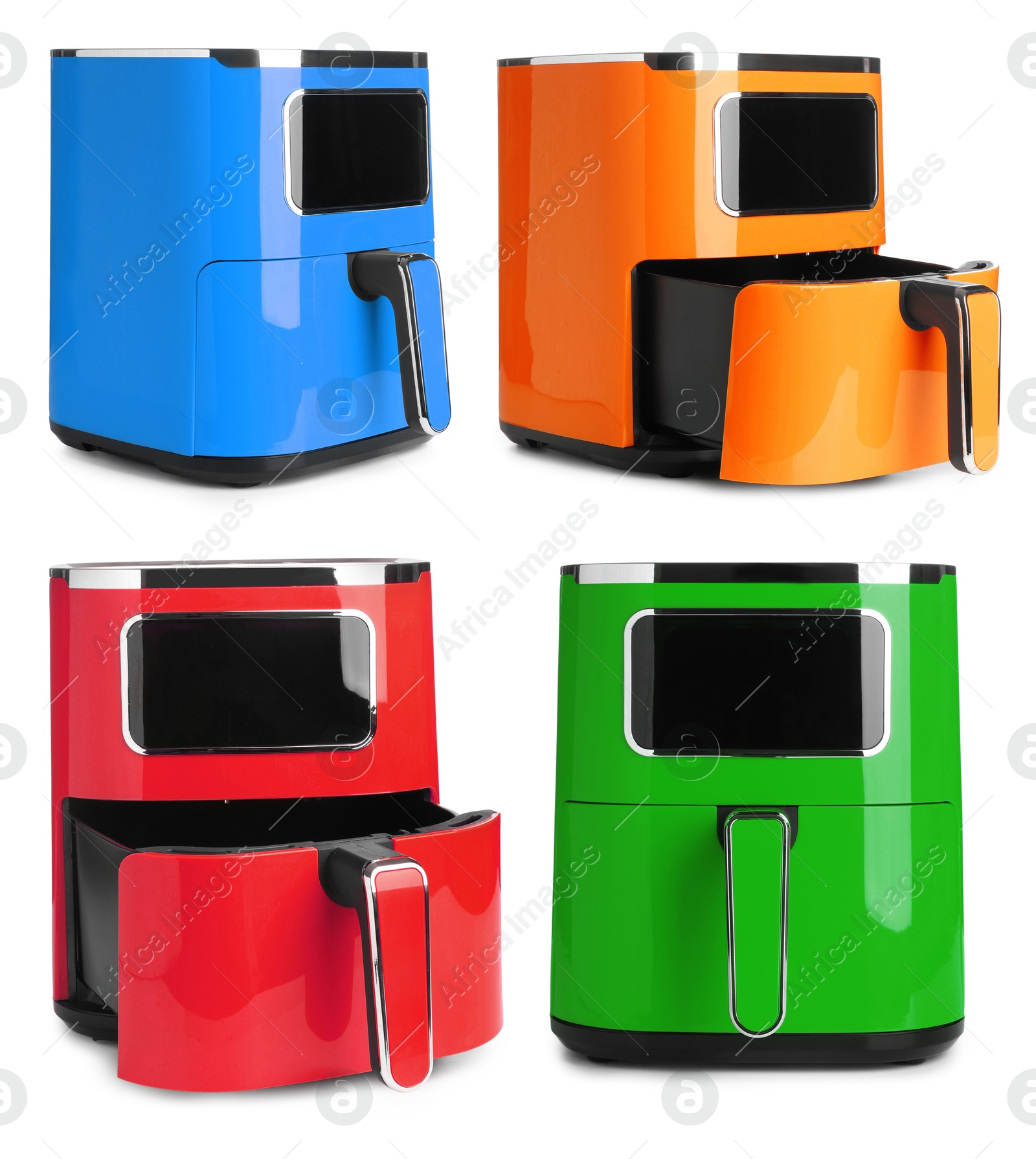 Image of Air fryers in different colors isolated on white, set. Modern kitchen appliance
