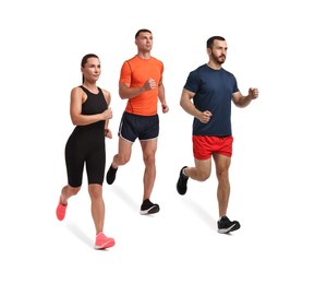 Image of Sporty men and woman running on white background